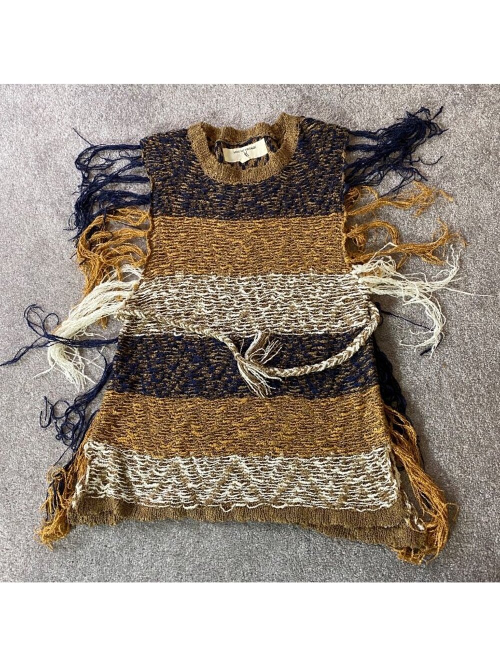 Vintage Miss Me Fringe Knit Sleeveless Tunic Top Striped Brown Navy White Small - Picture 2 of 6